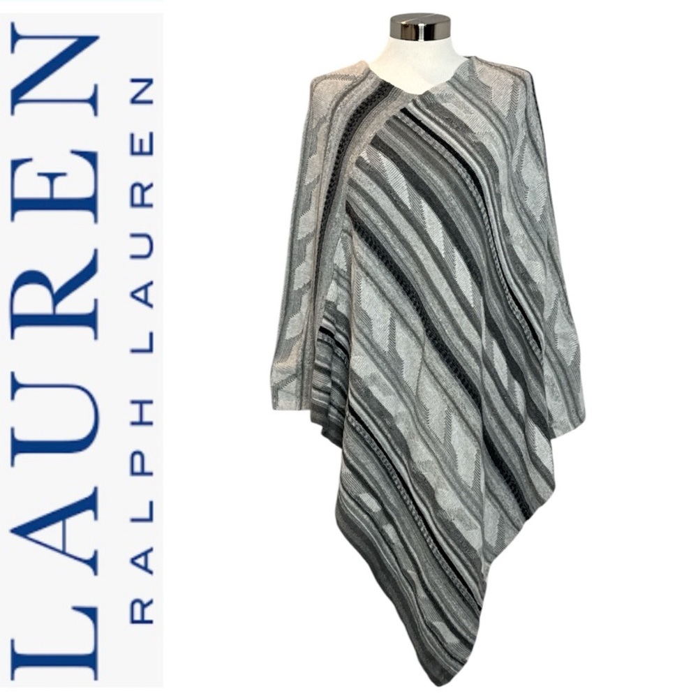 RALPH LAUREN VINTAGE GREY OMBRÉ COTTON LINEN BLEND TEXTURED KNIT PULLOVER PONCHO